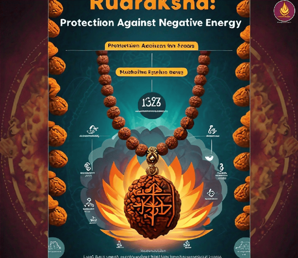 An infographic illustrating the protective benefits of Rudraksha against negative energy